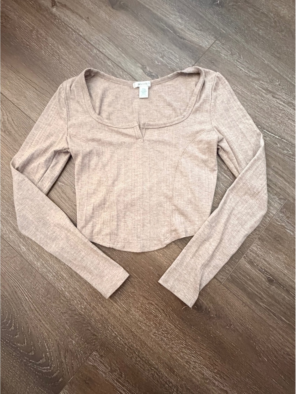 Bozzolo Ribbed Long Sleeve Crop Top Beige Scoop Neck Fitted Size Small